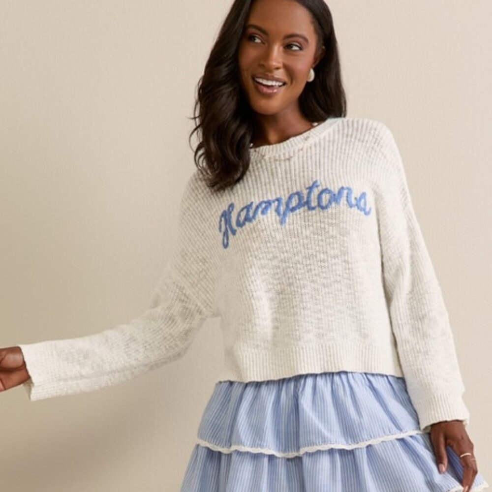⚓ FRANCESCA'S COLLECTIONS Hamptons Embroidered Pullover Sweater White Blue S